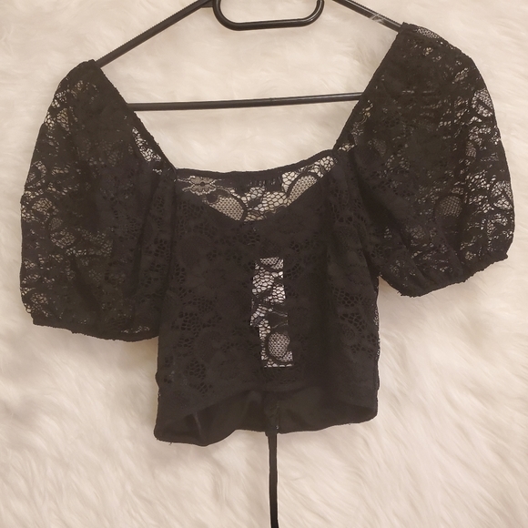 TOPSHOP Black Lace Tie Puff Sleeve Crop Top - Size XXS, 00, 0 - Picture 6 of 9